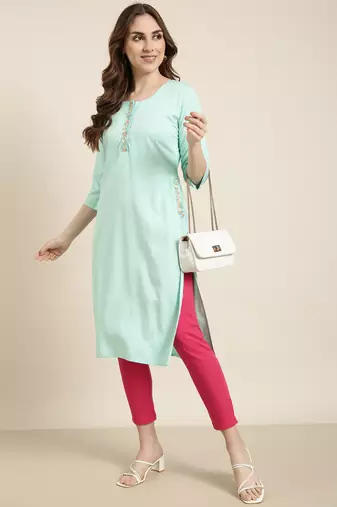 women's calf length round neck sea green solid straight kurta