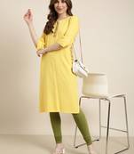 women's calf length round neck yellow solid straight kurta
