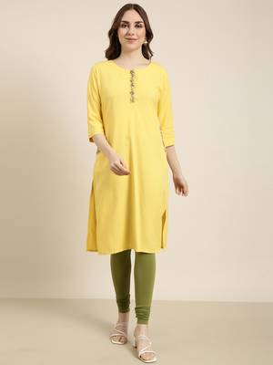 women's calf length round neck yellow solid straight kurta 2