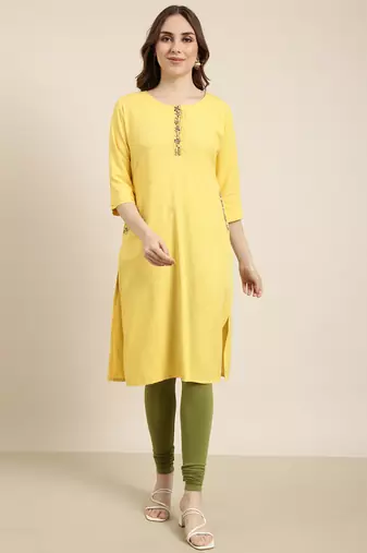 women's calf length round neck yellow solid straight kurta