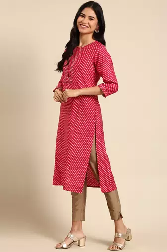 women's calf length keyhole neck fuchsia leheriya straight kurta