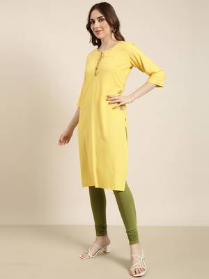 women's calf length round neck yellow solid straight kurta 3