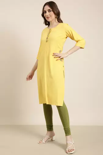 women's calf length round neck yellow solid straight kurta