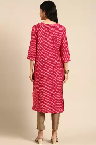 women's calf length keyhole neck fuchsia leheriya straight kurta