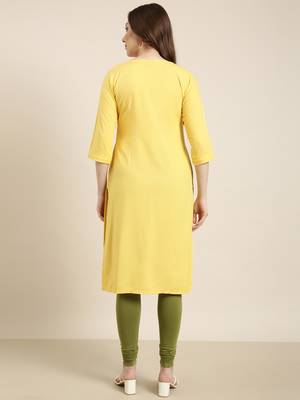 women's calf length round neck yellow solid straight kurta 4