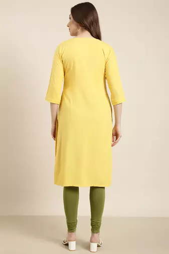 women's calf length round neck yellow solid straight kurta