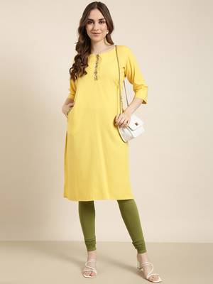 women's calf length round neck yellow solid straight kurta 5