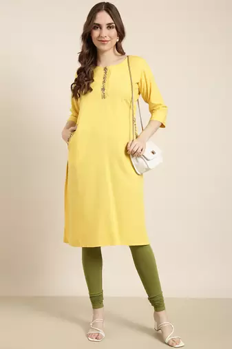 women's calf length round neck yellow solid straight kurta