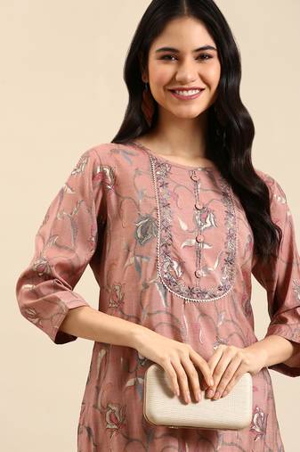 women's calf length round neck mauve floral straight kurta