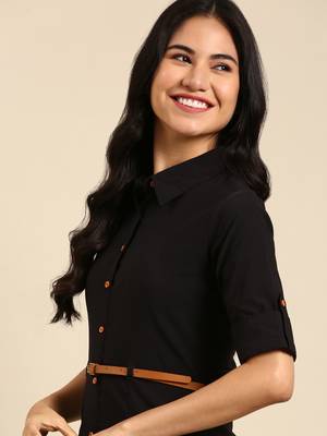 women's calf length shirt collar black solid a-line kurta 1