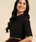 women's calf length shirt collar black solid a-line kurta