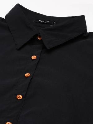 women's calf length shirt collar black solid a-line kurta 2