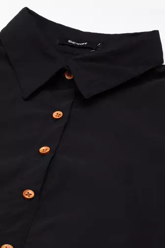 women's calf length shirt collar black solid a-line kurta