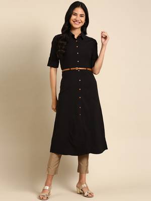 women's calf length shirt collar black solid a-line kurta 4