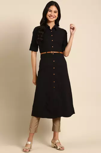 women's calf length shirt collar black solid a-line kurta