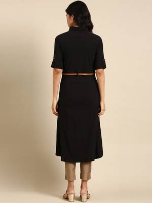 women's calf length shirt collar black solid a-line kurta 5