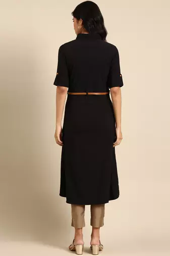 women's calf length shirt collar black solid a-line kurta