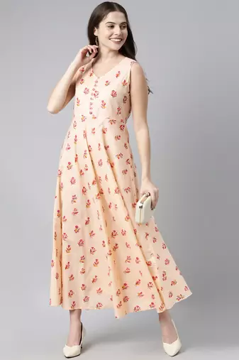 women peach floral printed maxi dress