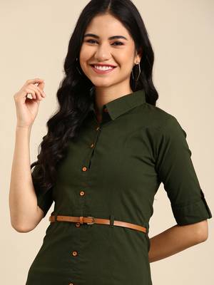women's calf length shirt collar olive solid a-line kurta 1
