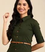 women's calf length shirt collar olive solid a-line kurta