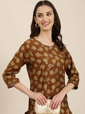 women's calf length round neck brown bandhani straight kurta 1