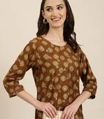 women's calf length round neck brown bandhani straight kurta