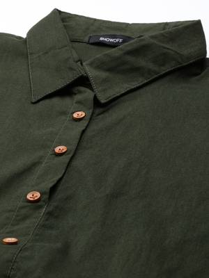 women's calf length shirt collar olive solid a-line kurta 2