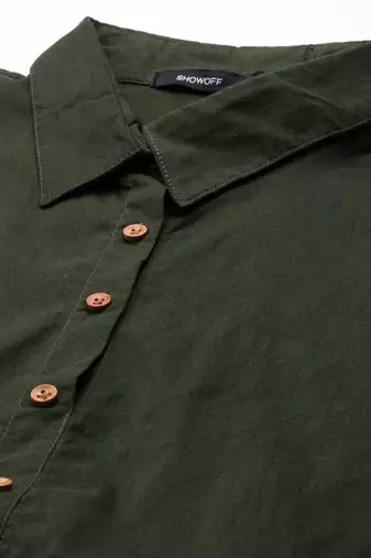 women's calf length shirt collar olive solid a-line kurta