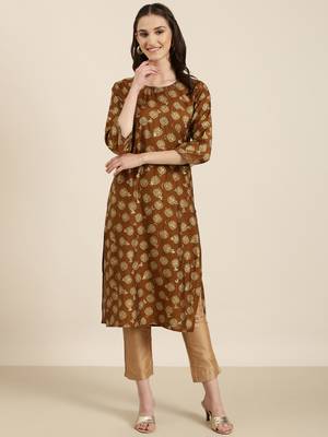 women's calf length round neck brown bandhani straight kurta 2