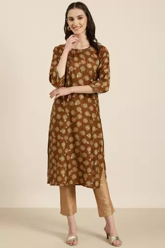 women's calf length round neck brown bandhani straight kurta