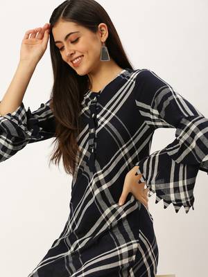 women's ankle length round neck navy blue checked a-line kurta 1
