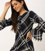 women's ankle length round neck navy blue checked a-line kurta