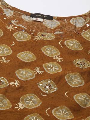women's calf length round neck brown bandhani straight kurta 3