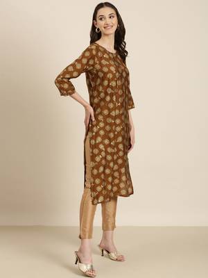 women's calf length round neck brown bandhani straight kurta 4