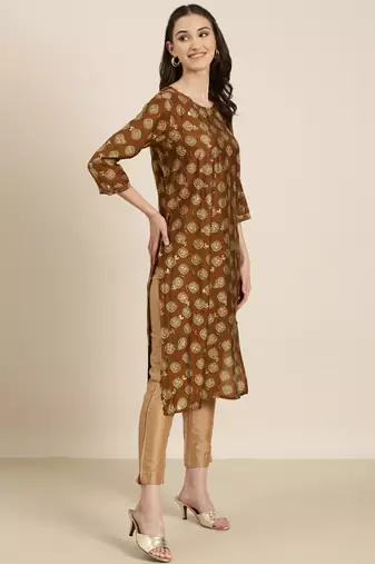 women's calf length round neck brown bandhani straight kurta