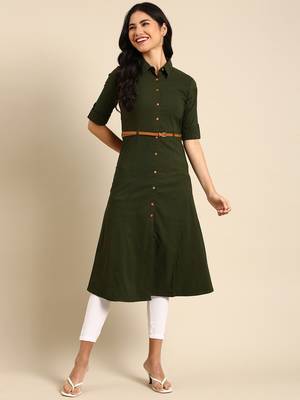 women's calf length shirt collar olive solid a-line kurta 4