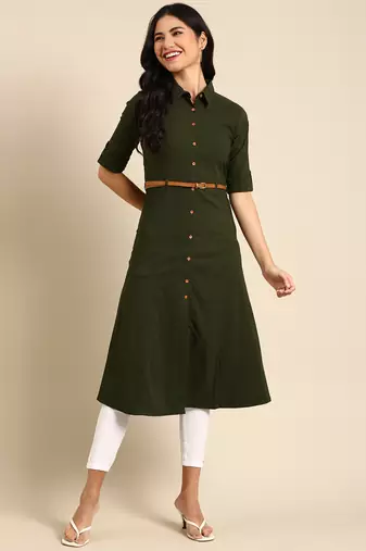 women's calf length shirt collar olive solid a-line kurta