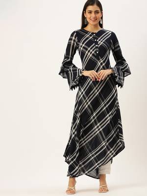 women's ankle length round neck navy blue checked a-line kurta 2