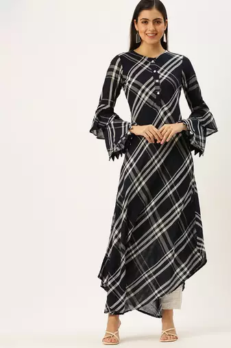 women's ankle length round neck navy blue checked a-line kurta