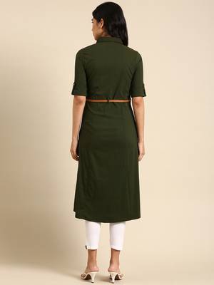 women's calf length shirt collar olive solid a-line kurta 5