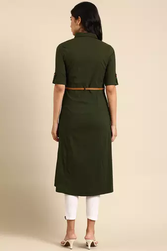 women's calf length shirt collar olive solid a-line kurta