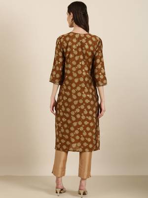 women's calf length round neck brown bandhani straight kurta 5