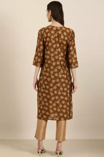 women's calf length round neck brown bandhani straight kurta