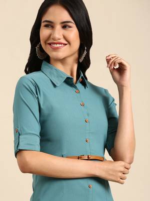Showoff women's calf length shirt collar teal solid a-line kurta 1