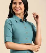Showoff women's calf length shirt collar teal solid a-line kurta