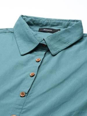 Showoff women's calf length shirt collar teal solid a-line kurta 2