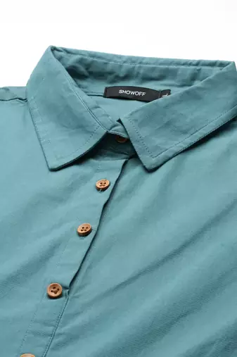 Showoff women's calf length shirt collar teal solid a-line kurta