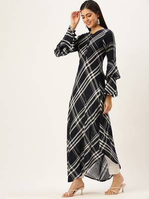 women's ankle length round neck navy blue checked a-line kurta 3