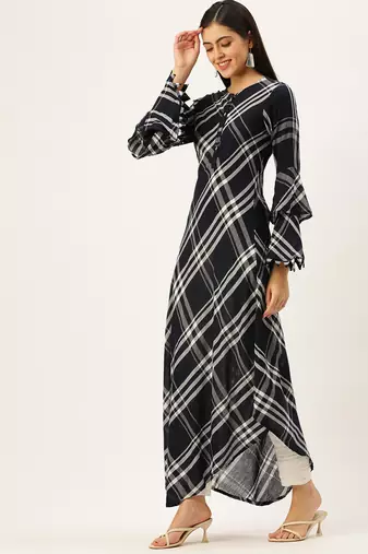 women's ankle length round neck navy blue checked a-line kurta