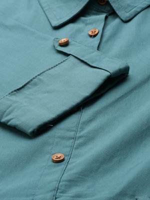 Showoff women's calf length shirt collar teal solid a-line kurta 3